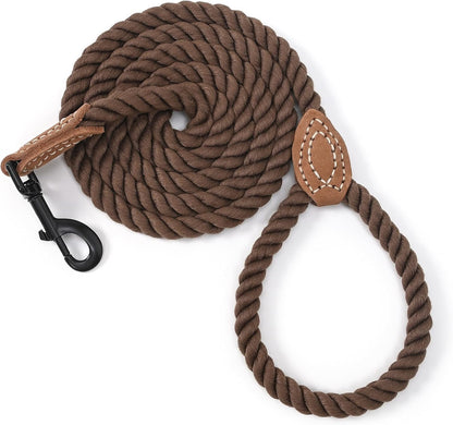 Dog Leash Braided Cotton Rope with Leather-Reinforced Ends