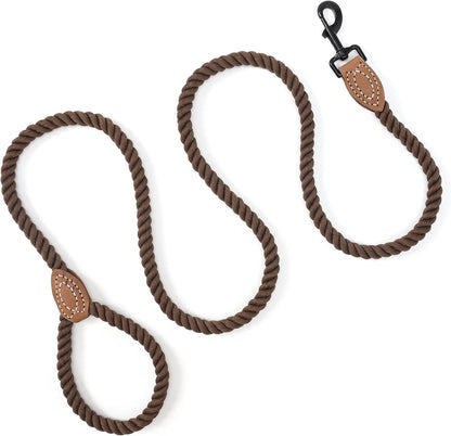Dog Leash Braided Cotton Rope with Leather-Reinforced Ends