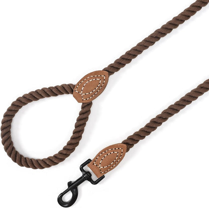 Dog Leash Braided Cotton Rope with Leather-Reinforced Ends
