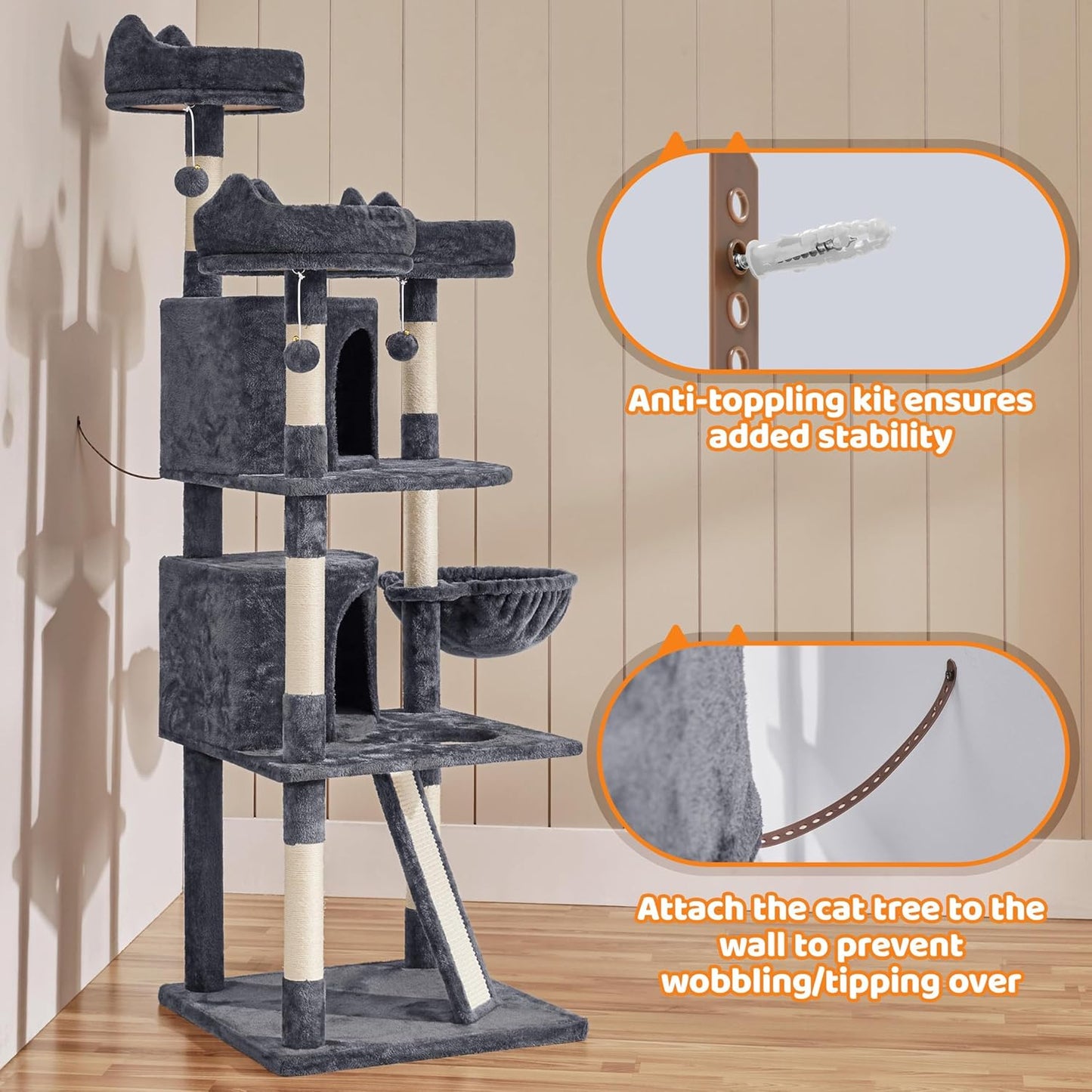Yaheetech 69In Cat Tree Tower, 2 Condos, Scratching Posts & Cat-Ear Perches