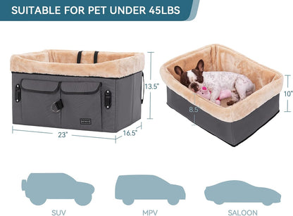 Dog Car Seat for Medium Dogs or 2 Small Dogs, Upgraded Dog Booster Car Seat for Front and Back Seats with 2 Safety Leashes (Medium, Deep Grey)