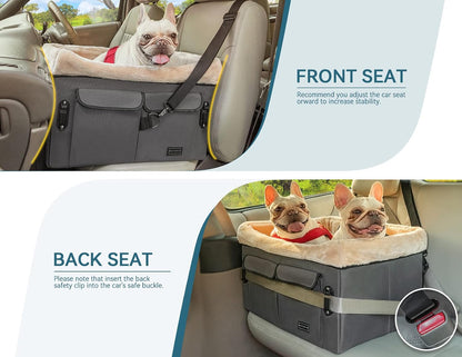 Dog Car Seat for Medium Dogs or 2 Small Dogs, Upgraded Dog Booster Car Seat for Front and Back Seats with 2 Safety Leashes (Medium, Deep Grey)