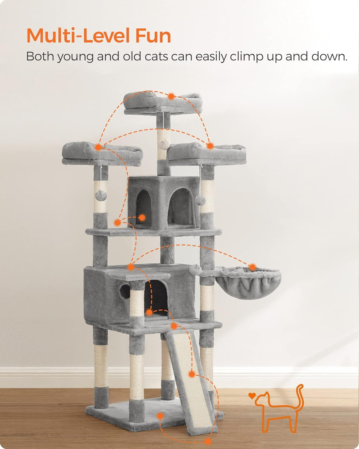 Cat Tree, Large Cat Tower, 2 Caves, 3 Plush Perches, 67.7 Inches