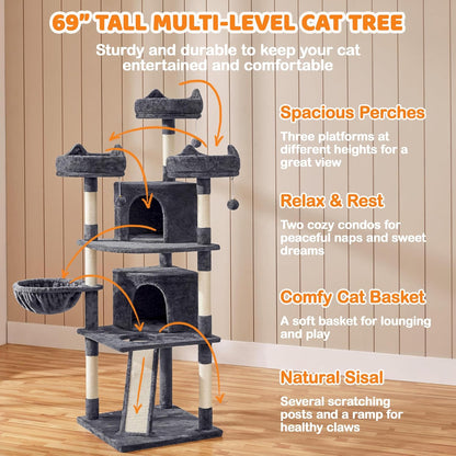 Yaheetech 69In Cat Tree Tower, 2 Condos, Scratching Posts & Cat-Ear Perches