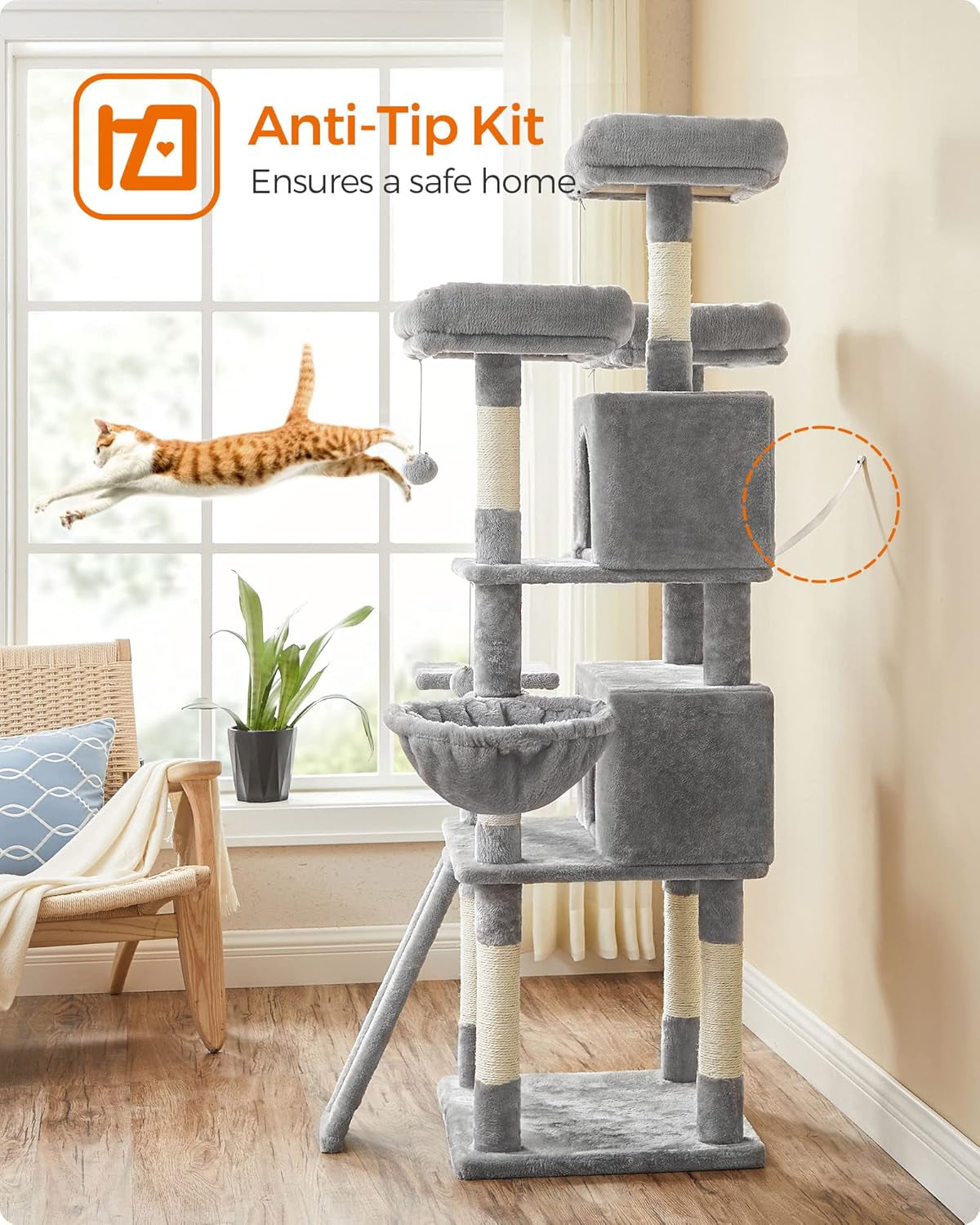 Cat Tree, Large Cat Tower, 2 Caves, 3 Plush Perches, 67.7 Inches