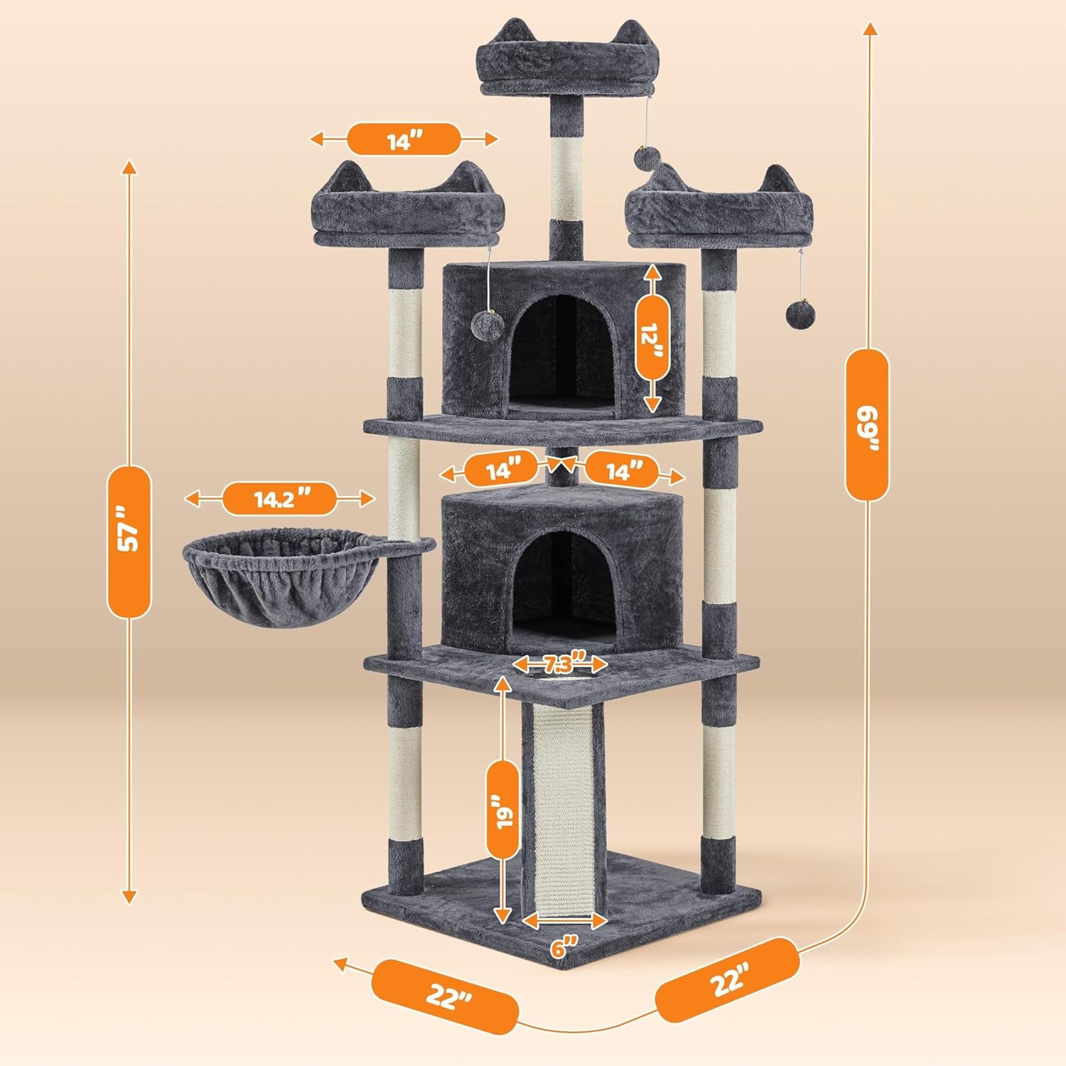 Yaheetech 69In Cat Tree Tower, 2 Condos, Scratching Posts & Cat-Ear Perches