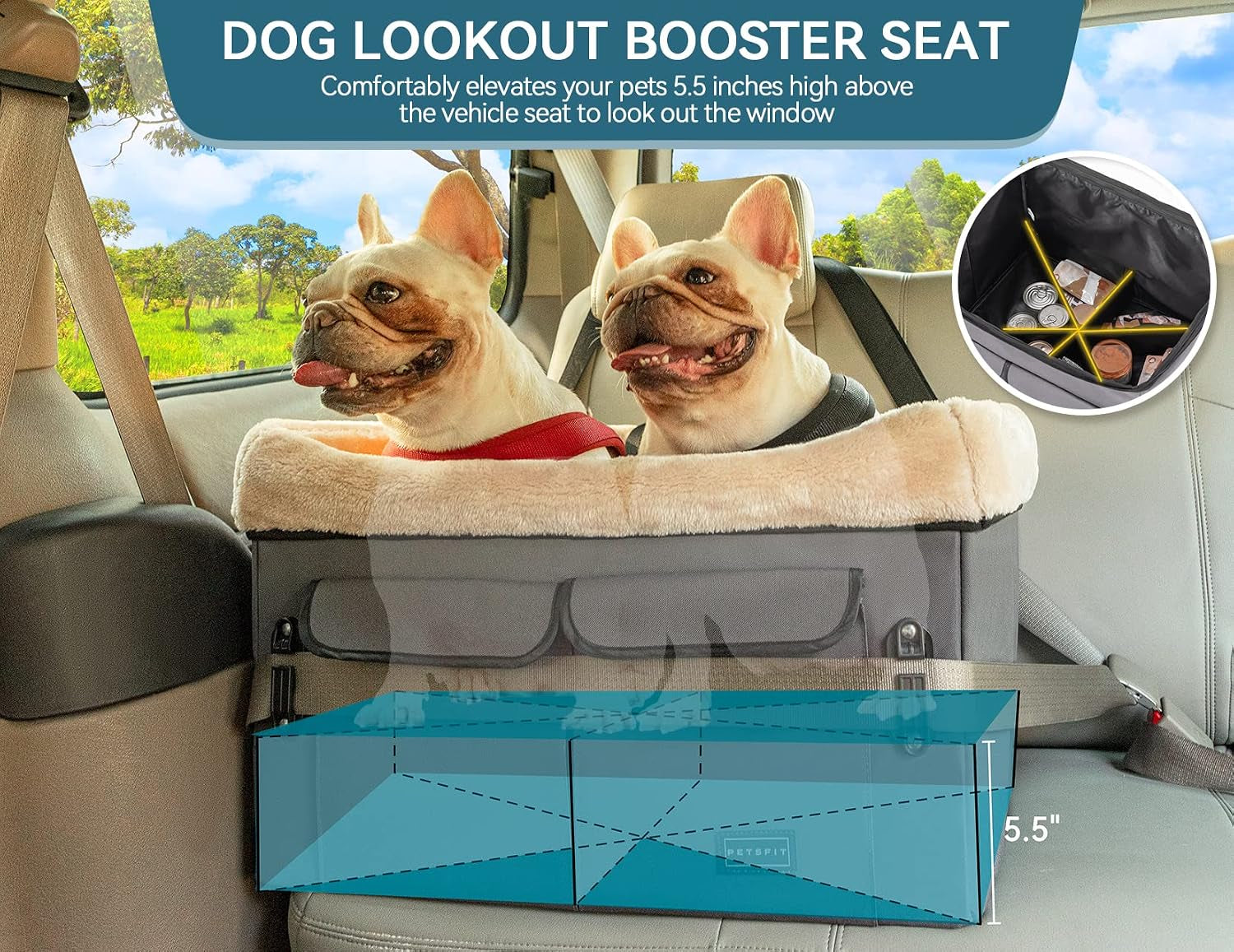 Dog Car Seat for Medium Dogs or 2 Small Dogs, Upgraded Dog Booster Car Seat for Front and Back Seats with 2 Safety Leashes (Medium, Deep Grey)