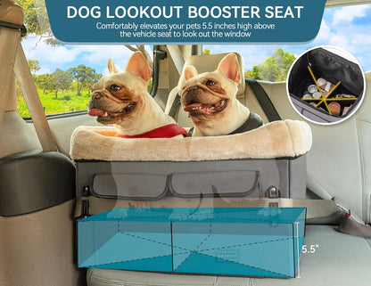 Dog Car Seat for Medium Dogs or 2 Small Dogs, Upgraded Dog Booster Car Seat for Front and Back Seats with 2 Safety Leashes (Medium, Deep Grey)