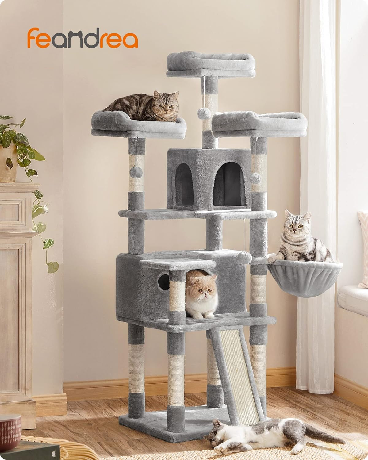 Cat Tree, Large Cat Tower, 2 Caves, 3 Plush Perches, 67.7 Inches