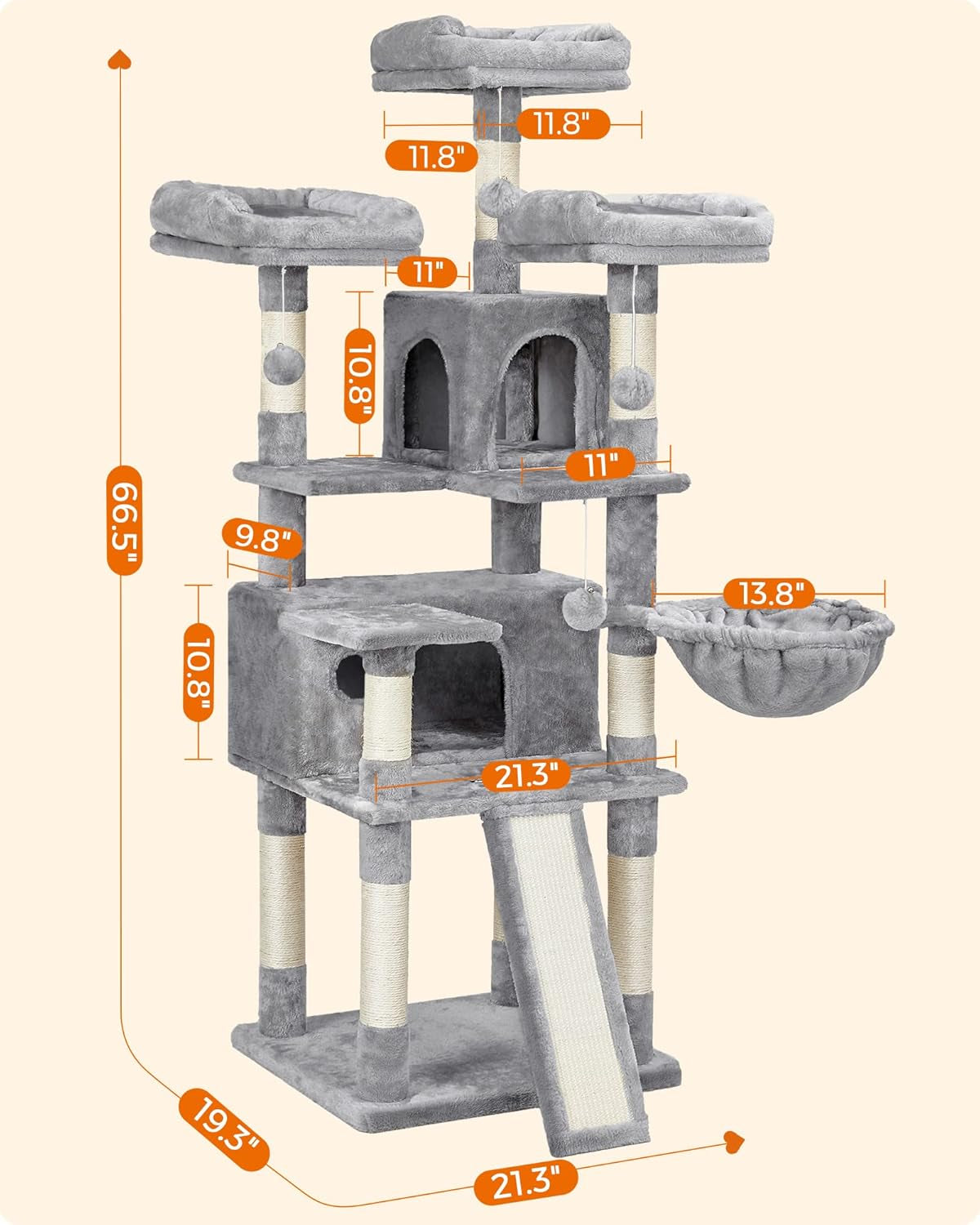 Cat Tree, Large Cat Tower, 2 Caves, 3 Plush Perches, 67.7 Inches