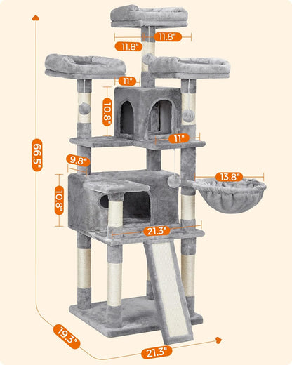 Cat Tree, Large Cat Tower, 2 Caves, 3 Plush Perches, 67.7 Inches
